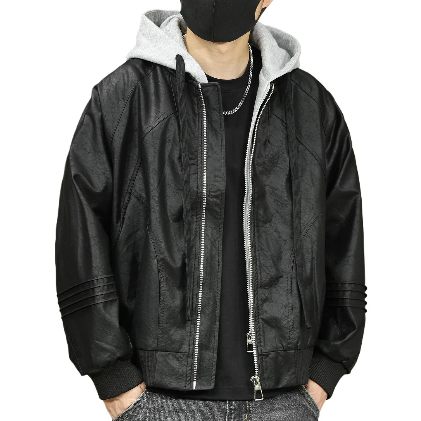 Men's American Streetwear Retro Fashion Loose Casual Splice Hooded Leather Jacket Man Plus Size Bomber Coat Motorcycle Jackets