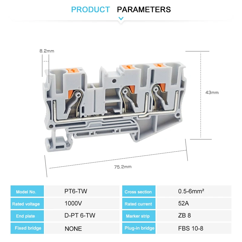 10Pcs PT6-TW Push-in Terminal 6mm 1-input 2-output Electric Wire Connector PT 6-TWIN PT 6-TW Din Rail Terminal Block