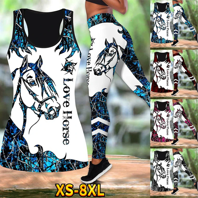 

Summer Ladies Love Horse Print Yoga Sports Pants Sweatpants Leggings Cut Out Back Tank Tops Combo Suit XS-8XL