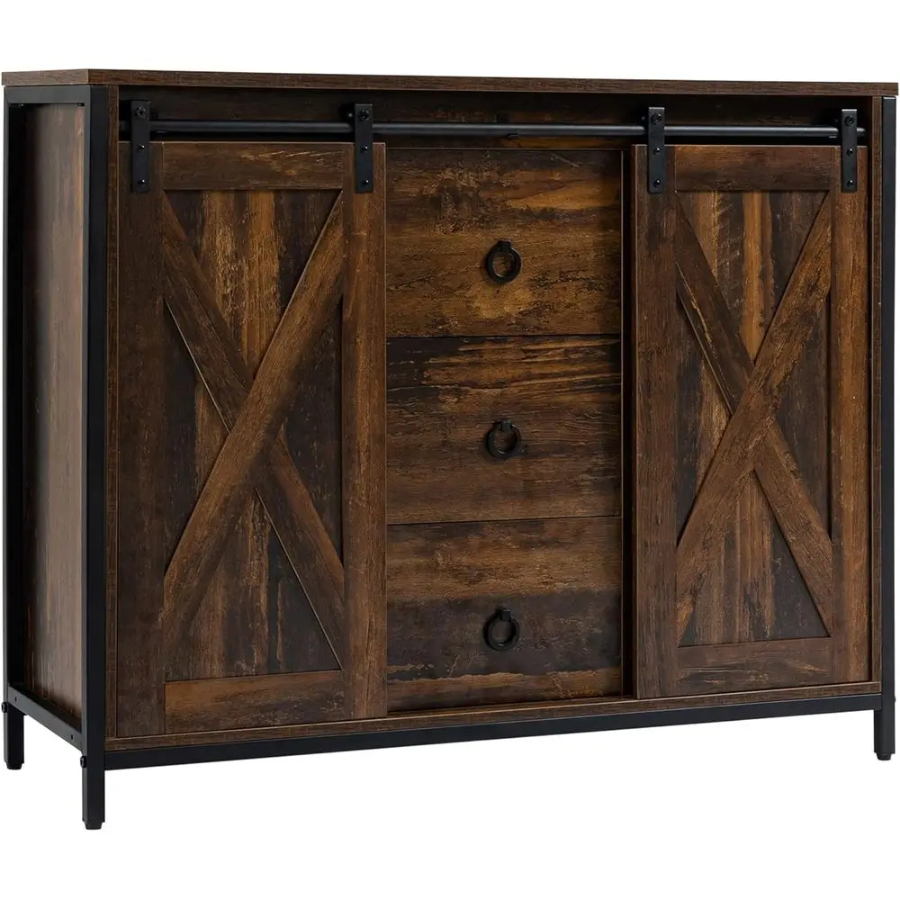 

Rustic Brown Sliding Barn Door Kitchen Sideboard with 3 Drawers and Adjustable Shelves