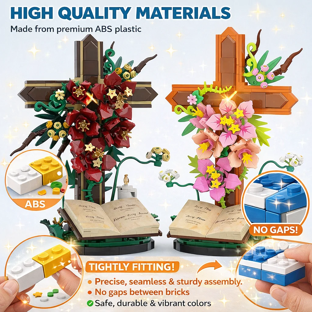 MOC Flower Cross Building Blocks Floral Memorial Decor Book Base DIY Assembly Bricks Model Home Desk Ornament Gift Kids Adults