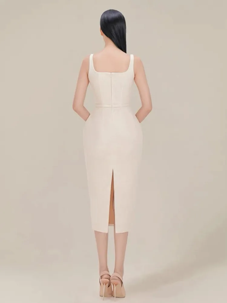 DEAT Embroidery Dress Belt Sleeveless Slim Zipper Mid-cald Women\'s Hip Wrap Strapless Dresses Spring 2024 New Fashion 13DB4139