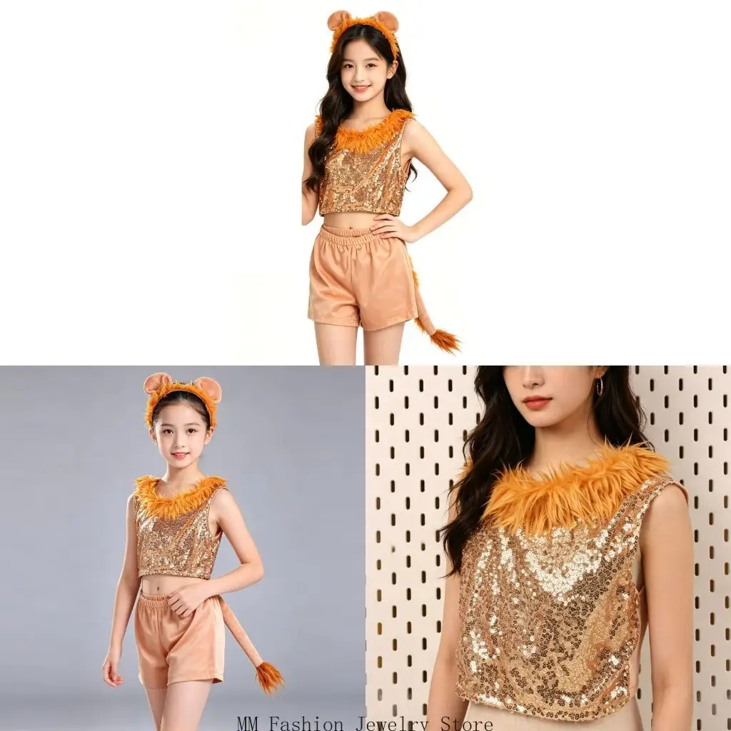 Lions Costume Lions Ears Headband Tail Sequins Top Shorts 4Pcs Set D0UB