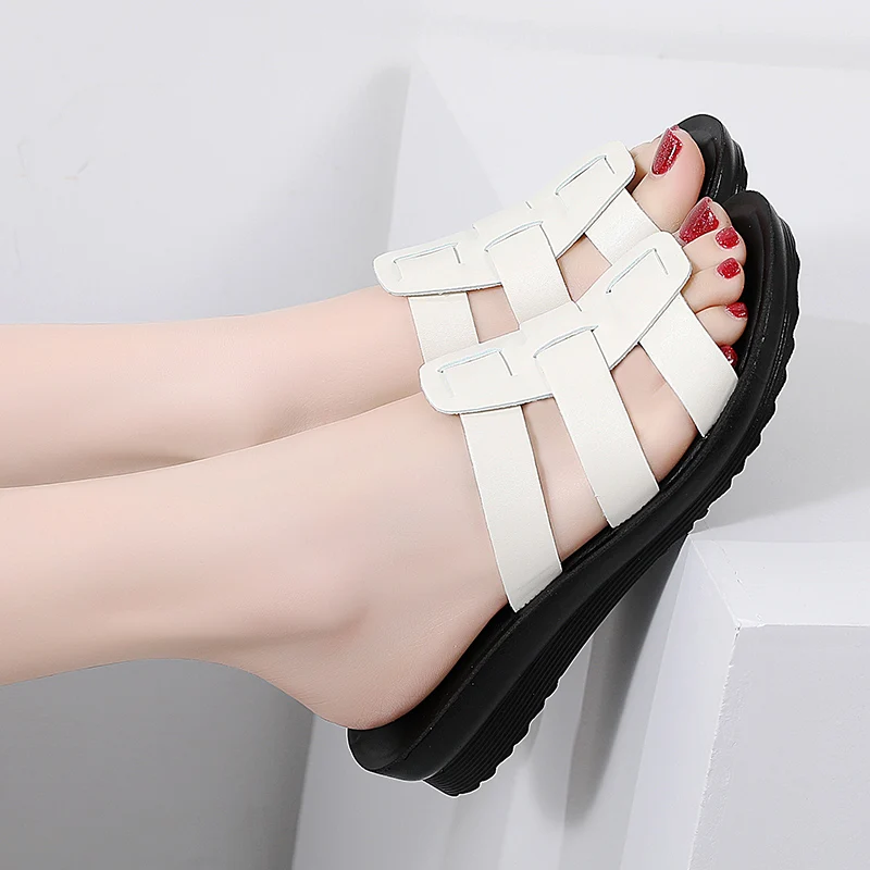 Women\'s Sandals Summer 2024 Flat Woman White Shoes Elegant Open Toe Beach Dress Flats for Women Outdoor Sandalias Plus Size 43