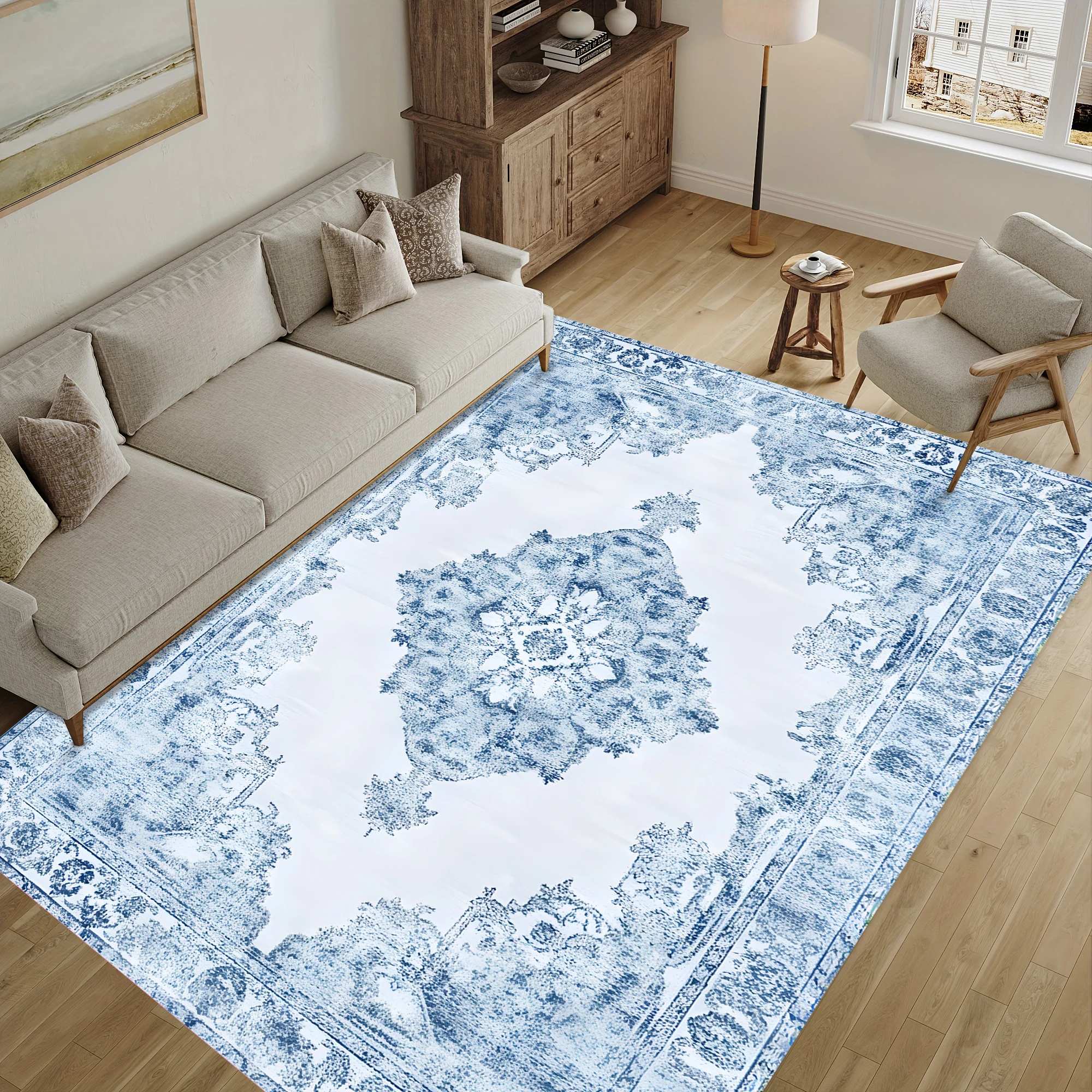 Haze Blue Retro Persian Diamond Pattern Vintage Light Luxury Style Christmas Warm Soft Furnishing Living Room Bedroom Autumn and Winter Velvet Carpet