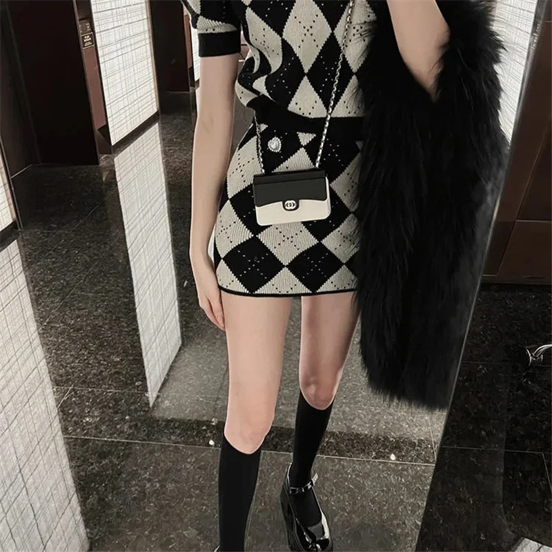 Summer Knitted Plaid Two Piece Sets Women Sexy Elegant Puff Short Sleeve Crop Tops and Mini Slim Skirts Outfits Korean Y2k Suit