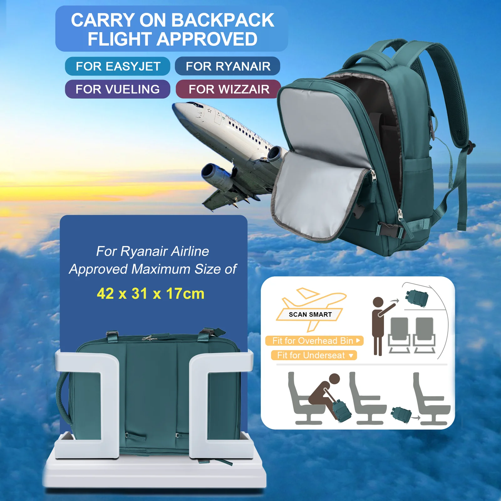 Travel Backpack Cabin Bag Easyjet Backpack 45x36x20 Carry-Ons Men Women Large capacity Bussiness Bag 15.6 inch Laptop Backpacks