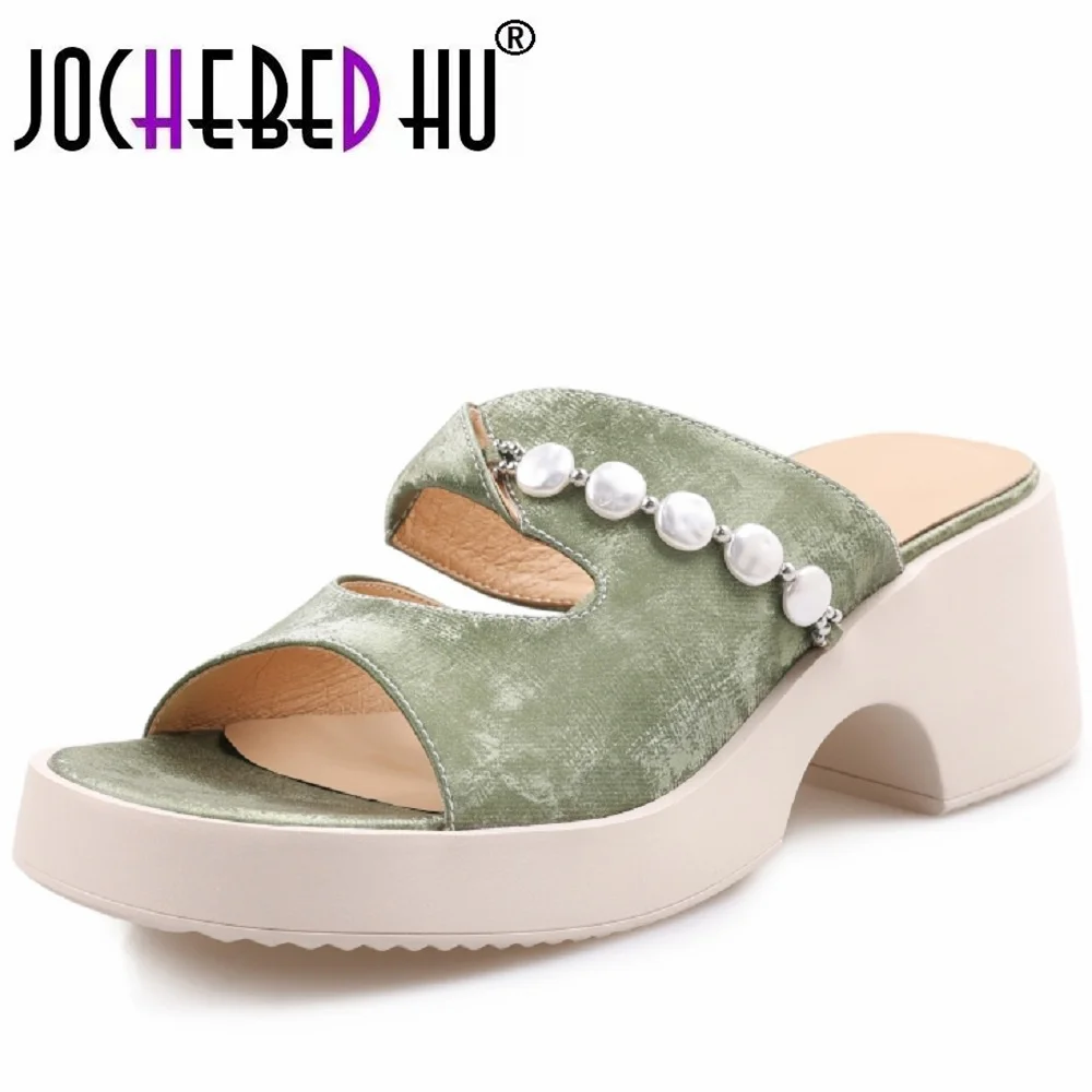 

【JOCHEBED HU】New Summer Genuine Leather Slippers Women Square Toe Sandals Platform Chunky Heels Shoe for Handmade Concise 34-40