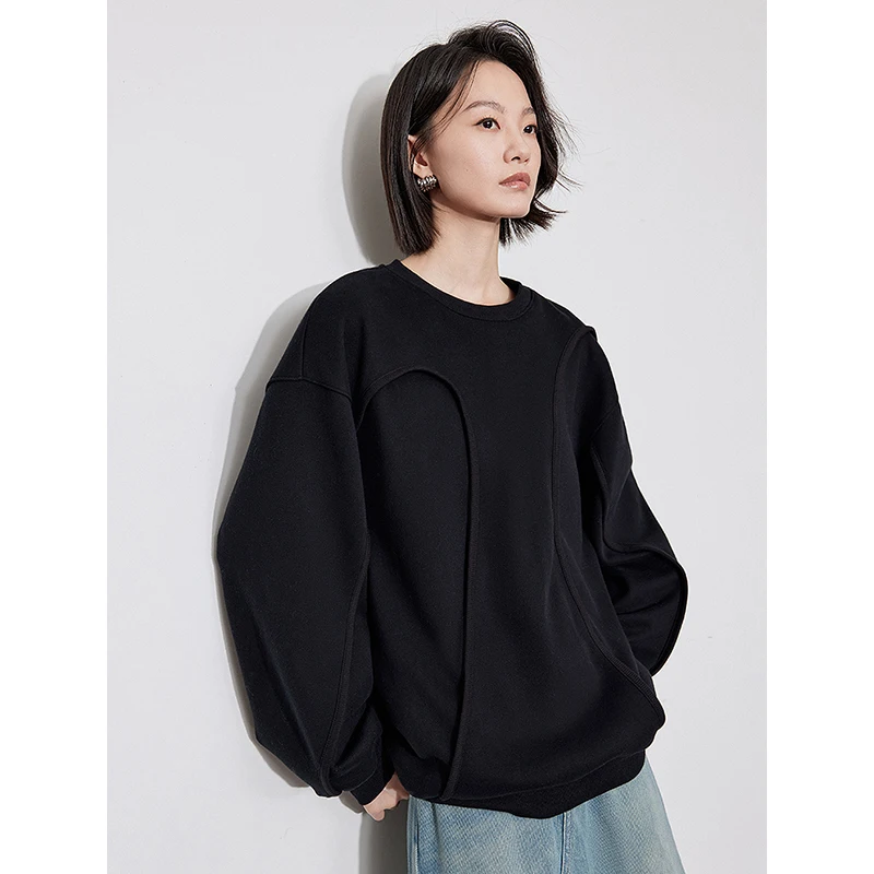 TOYOUTH Women Fleece Hoodies Sweatshirt 2024 Autumn Winter Trendy Lazy Style Thicking Warm Round Neck Pullover Tops Black