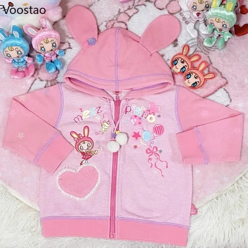 Japanese Sweet Lolita Style Zipper Hoodies Women Kawaii Cartoon Embroidery Bunny Hooded Sweatshirt Autumn Winter Warm Coat Tops