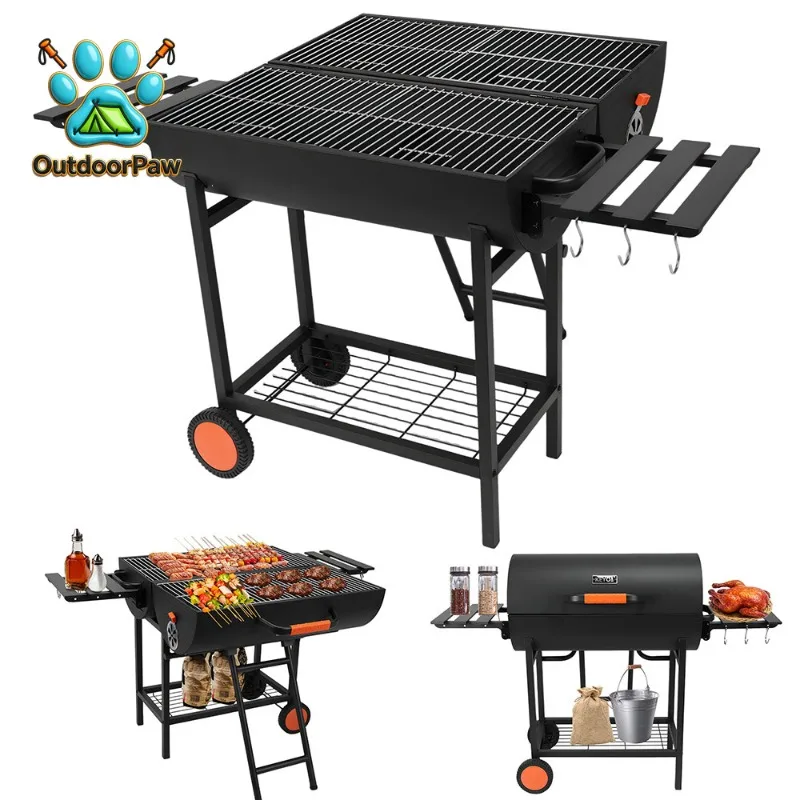 Large Portable Charcoal Grill Portable Charcoal Grill with 2 Foldable Side Tables Barrel Charcoal Grills for Backyard Patio