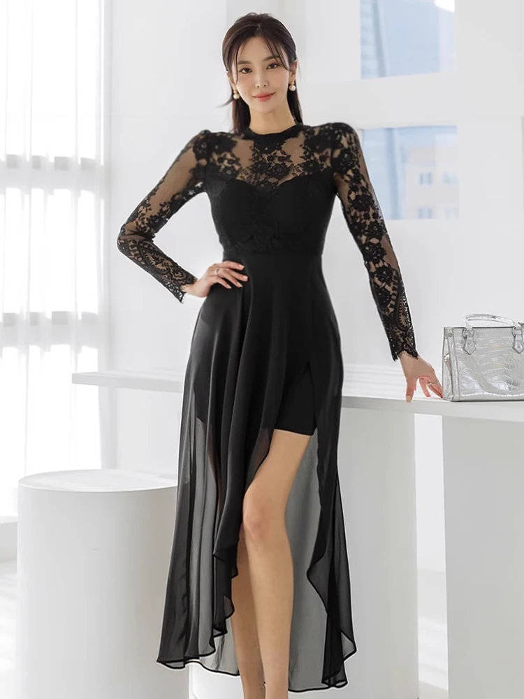 Neue Mode Dame schwarz Abendkleid Frauen Kleidung elegante Spitze schiere sexy O-Ausschnitt schlanke Maxi Party Abschluss ball Vestidos Robe Femme Strand