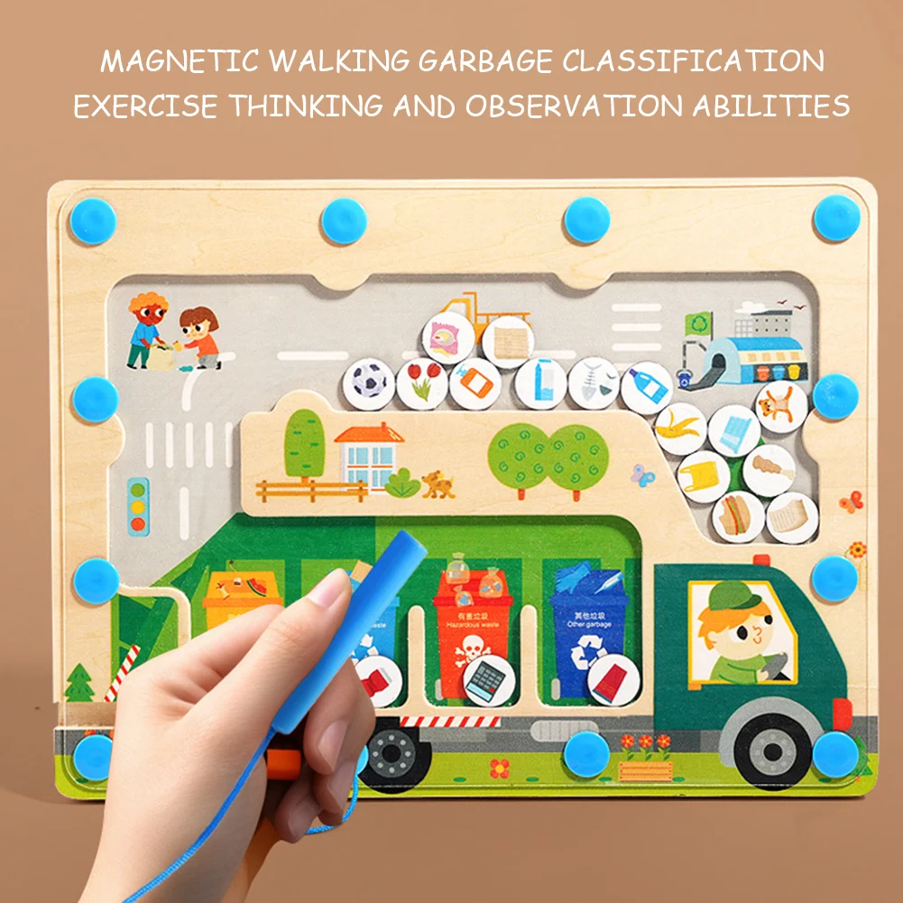 Drewniane zabawki edukacyjne do sortowania śmieci na magnesach, przenośne, idealne na urodziny dziecka.