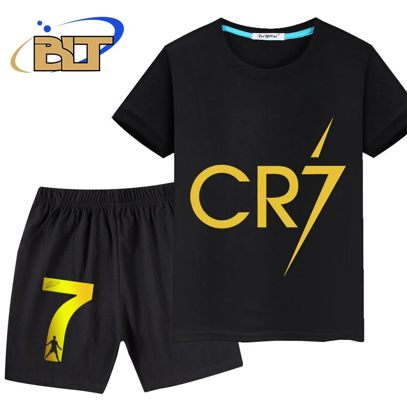 Ropa con estampado de Ronaldo para niños, traje de pantalones cortos de manga corta, Camiseta deportiva, conjunto de 2 piezas adecuado para niños, Verano