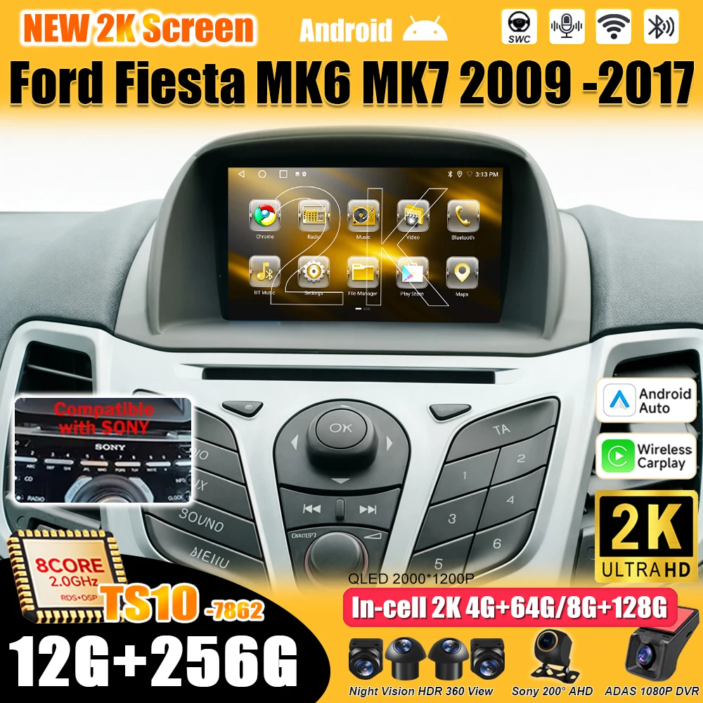 Android 16 para Ford Fiesta Mk 6 para Ford Fiesta Mk 7 2008-2019 Reproductor Multimedia de Video 2 din Carplay Bluetooth Mirror Link