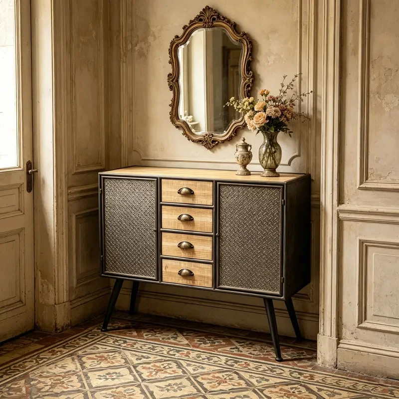 Retro Wrought Iron Wood Sideboard 2 Door 4 Drawer Industrial Storage Cabinet for Dining Room Living Room Entryway