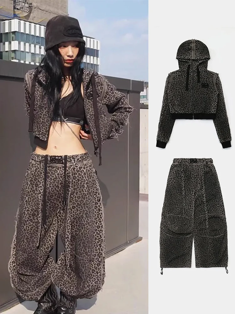 Retro American Style Leopard Print Hoodie Women's Casual Sportswear Jacket Vintage Worn-look Short Length Zipper Closure
