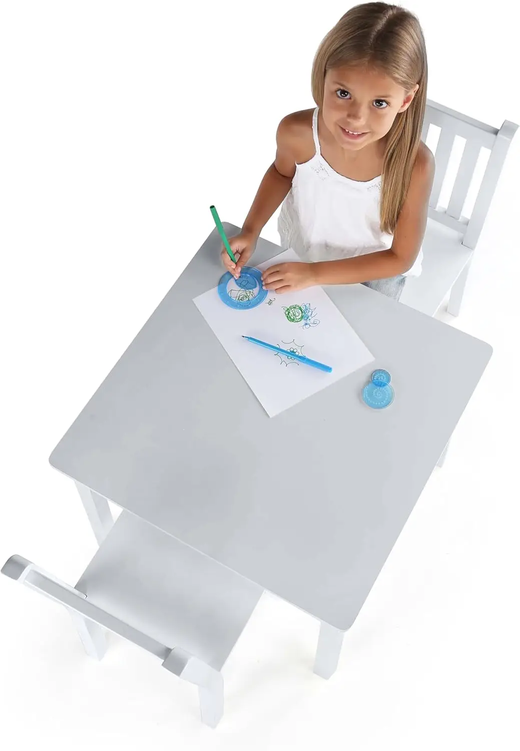 Meja Kayu Anak Bentuk Persegi Putih dan Set 2 Kursi untuk Balita, Seni Kerajinan Waktu Santap - Furnitur Aktivitas yang Tahan Lama