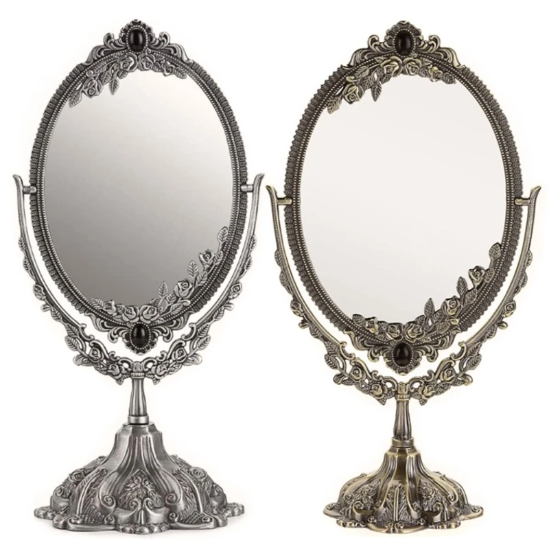 Metal Tabletop Antique Makeup Mirror with Stand Vintage Double Sided Cosmetic Mirror Desktop Oval Dressing Drop Shipping