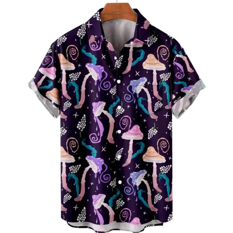 3D fantasy mushroom print short-sleeved shirt 2023 new men's casual turn-down collar print short-sleeved shirt.