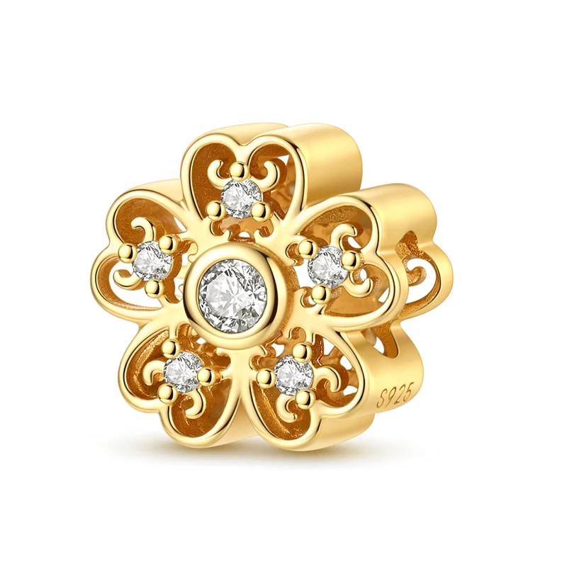 New 925 Sterling Silver Golden Hollow Flower Charm Bead Fit 3mm Original Bracelet DIY Women Exquisite Birthday Jewelry Gifts