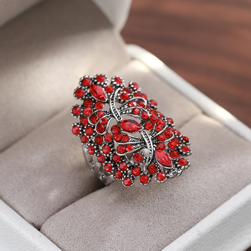 Kinel Vintage Big Hollow Red Rhinestone Dragonfly Rings Women Tibetan Silver Wedding Party Boho Jewelry Z0044 SSI