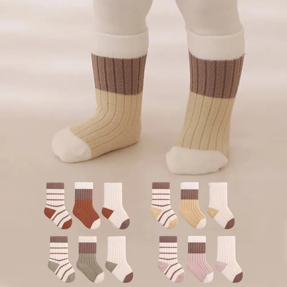 3Pair Casual Cartoon Striped Baby Socks Thickened Soft Toddler Thermal Footwear Keep Warm Newborn Boy Socks Winter