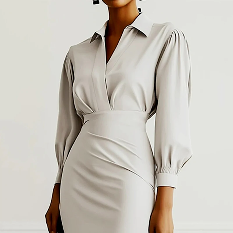 مكتب سيدة سليم صالح المرأة فستان الخريف مزاجه جديد التلبيب سبليت مائل مثير كم طويل قميص فستان للنساء بلون