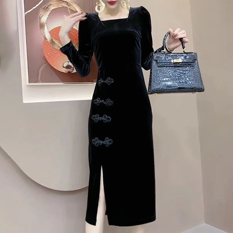 

Velvet Women's Retro Light Luxury Hepburn High-end Temperament New Chinese Style Waist-pack Hip Dress