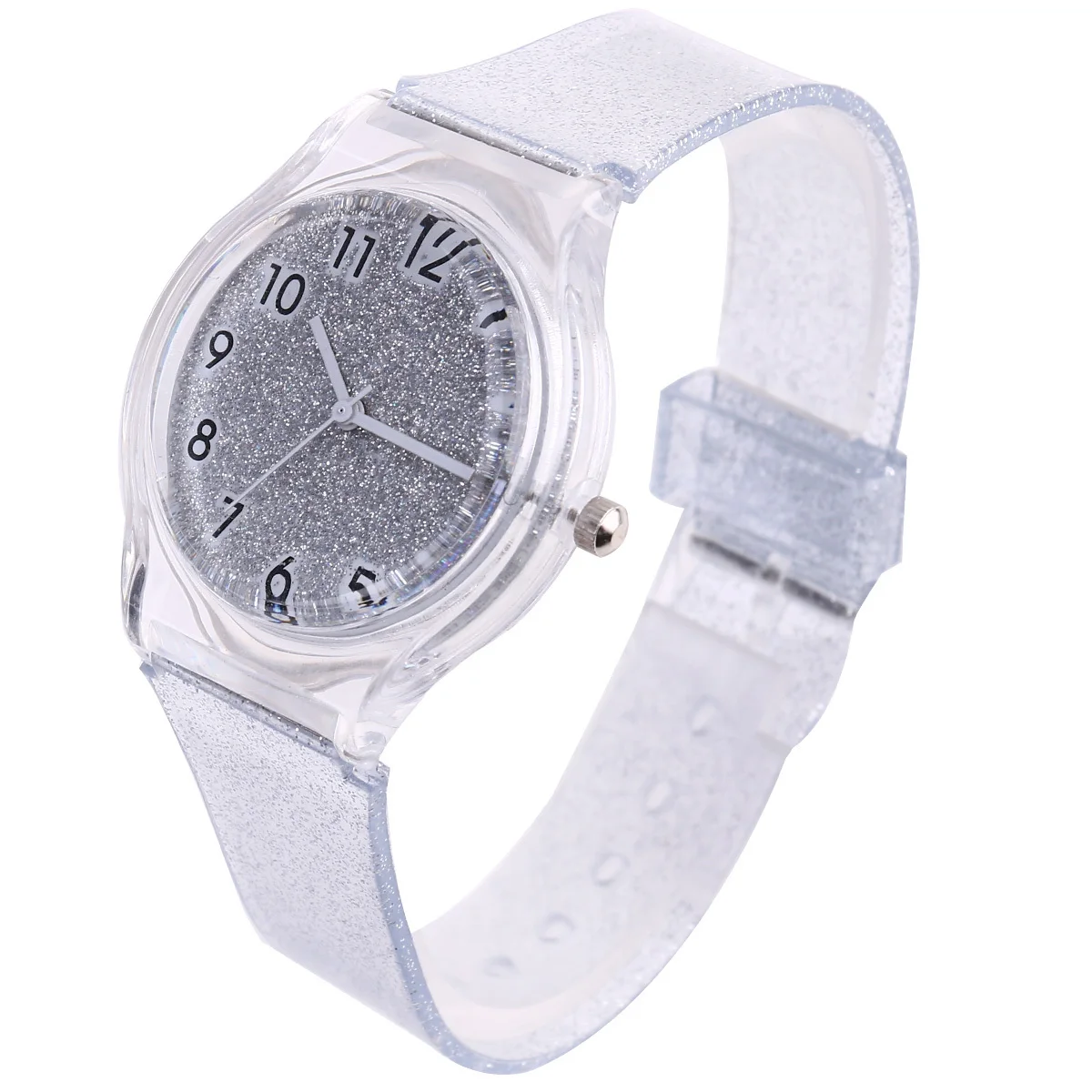 

Silver Kids Transparent Watch Glitter Silicone Band Creative Shiny Children Wristwatch Adjustable Comfortable Durable Gift