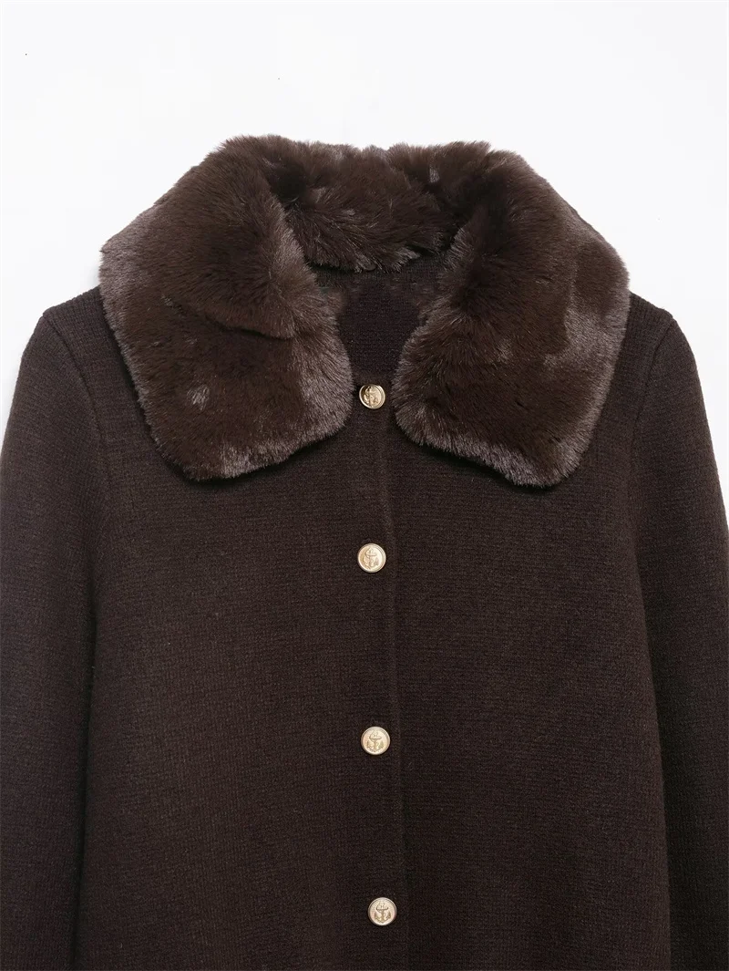 Women's Jacket 2025 Autumn New Style Dark Brown Long-Sleeve Faux Fur Collar Knit Cardigan Jacket Stylish and Elegant