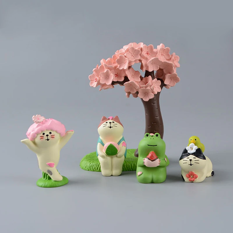 Cartoon tanzen Katze Harz Tiere Frosch rosa Kirschblüte Baum Kätzchen Figuren Puppenhaus Desktop Home Dekoration für Kinder Spielzeug