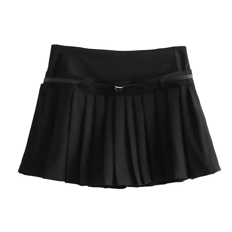 TRAF Mini Women Skirt Zipper Lady Pleated Skirt New In 2024 Summer With Belt Fashion Casual Elegant Office Women Clothing