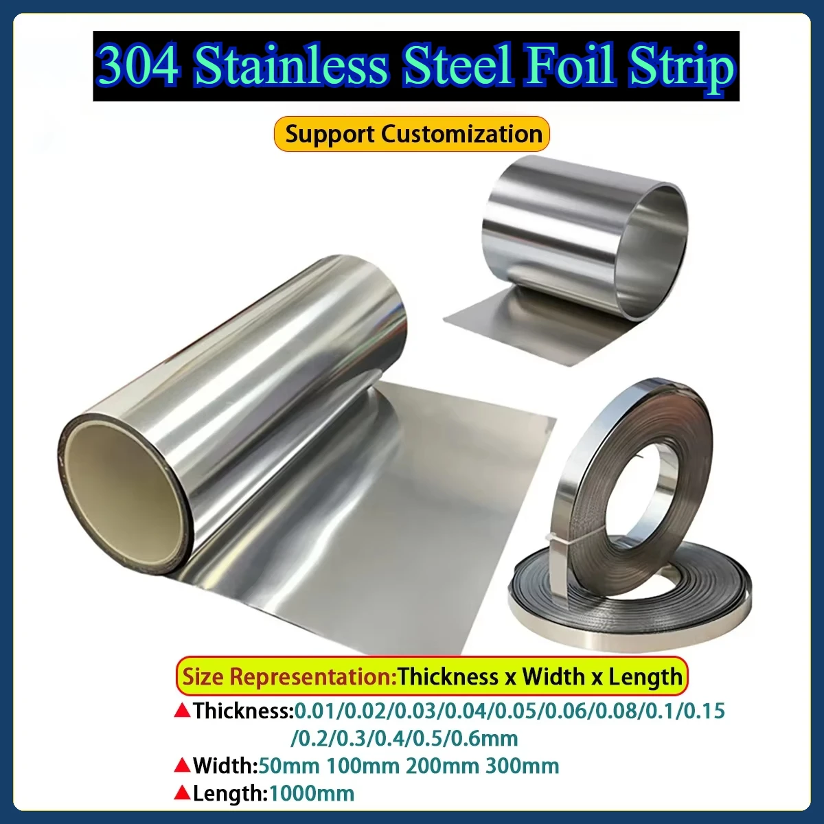 

1PCS 304 Stainless Steel Foil Strip Thin Plate Sheet Width 50mm 100mm 200mm 300mm Thk0.01mm - 0.6mm Length 1000mm