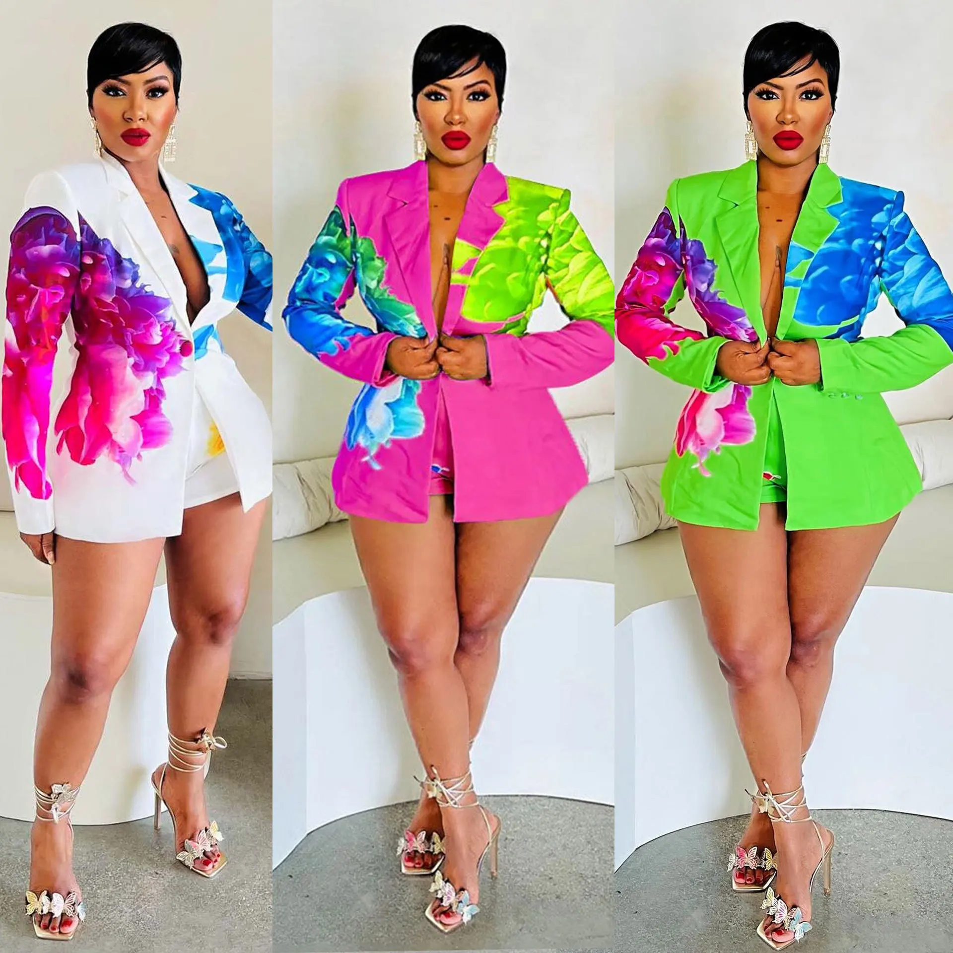 

Women's Fashion Long Sleeve Commuter Colorful Slim High Waist Suit Collar Long Sleeve Sexy Suit Print Shorts Set