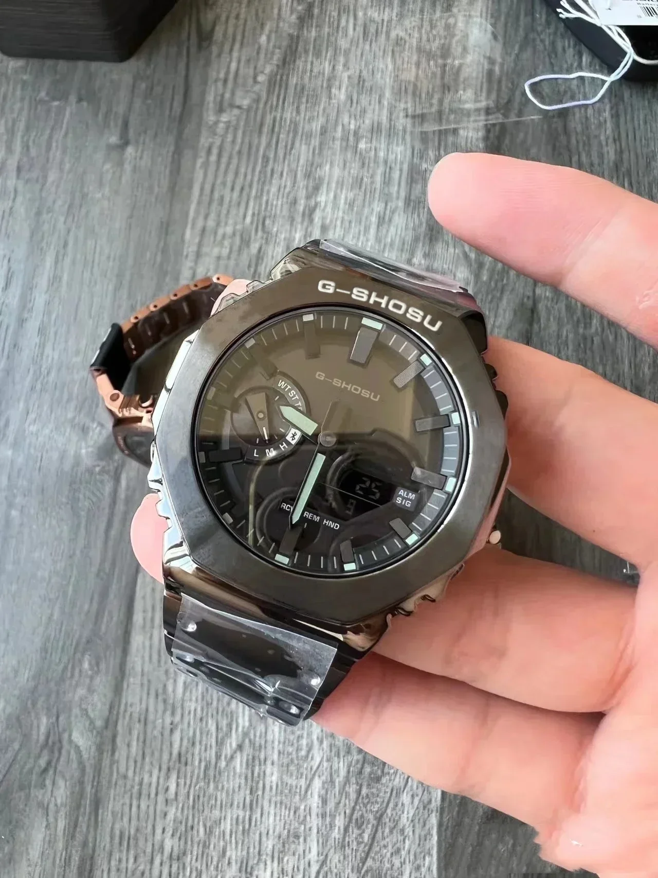 Orologio sportivo elettronico digitale unisex con funzione completa LED in lega quadrante grande cinturino in acciaio per l'ora mondiale serie GMB Oak