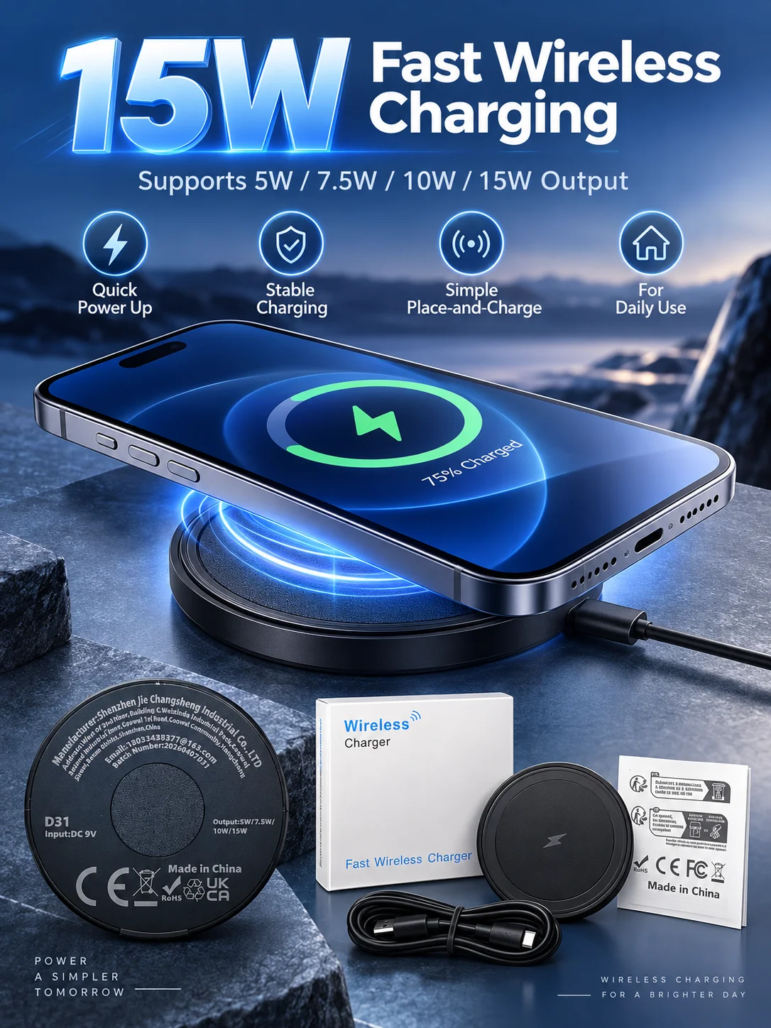 Magnetic Wireless Charger with Stand, 15W Fast Charging, Foldable Phone Charging Dock for Smartphones and Wireless Earbuds