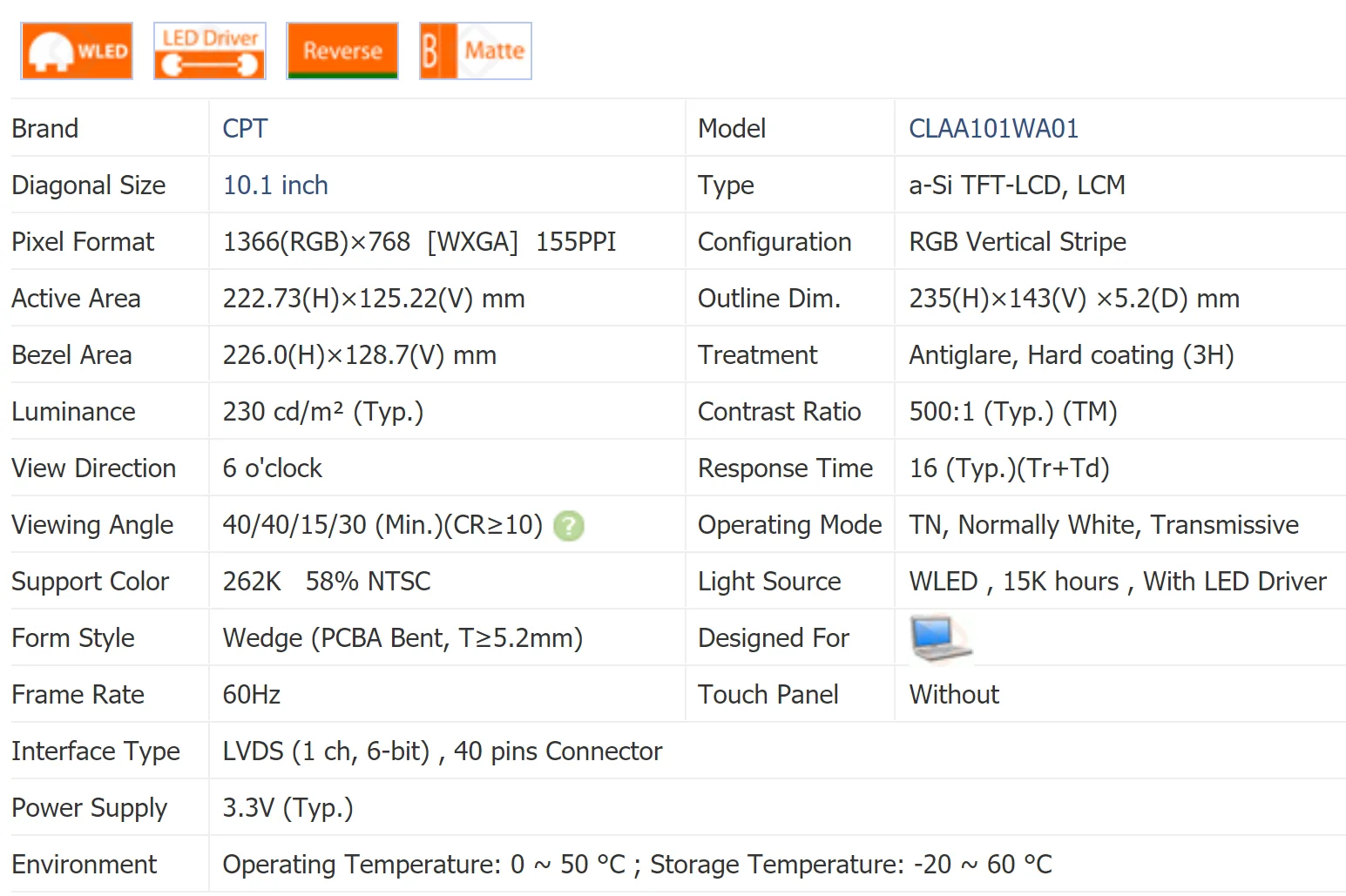 Original CPT LCD PANEL  CLAA101WA01 CLAA101WA01A 10.4 inch  1366*768 100% tested A+ Grade  before shipment