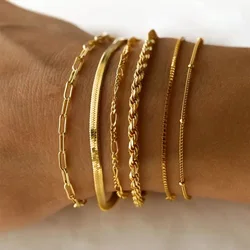 6pcs Set Trend Gold Color Metal Cuban Chain Bracelet Trendy Woman Gifts Jewelry Classic Snake Chain Bracelets for Women