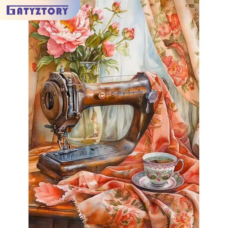 

GATYZTORY Oil Painting By Numbers Sewing Machine Scenery Acrylic Drawing Canvas Picture For Adults Home Decoration Gift Wall Art