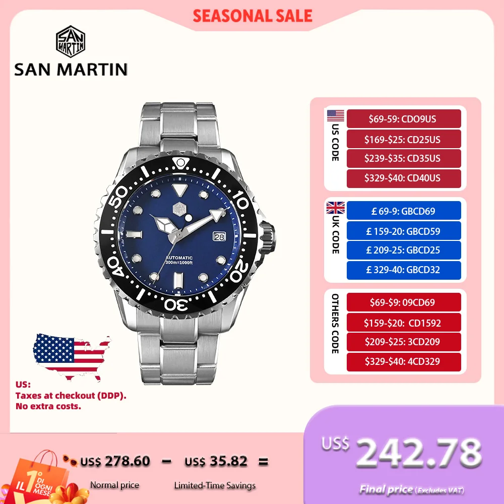 

San Martin 44mm NH35 Diving Automatic Mechanical Watch Men 3H Date Window Enamel Dial Bracelet BGW-X1 30ATM Montre Homme SN0009B