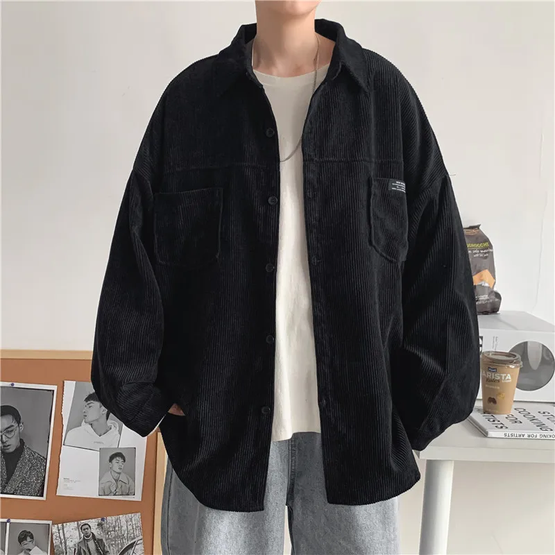

Corduroy Long Sve irt Men's Loose Fit Hong Kong Sle Spring Autumn Outerwear Versatile Youthful Trend Pure Color Button...
