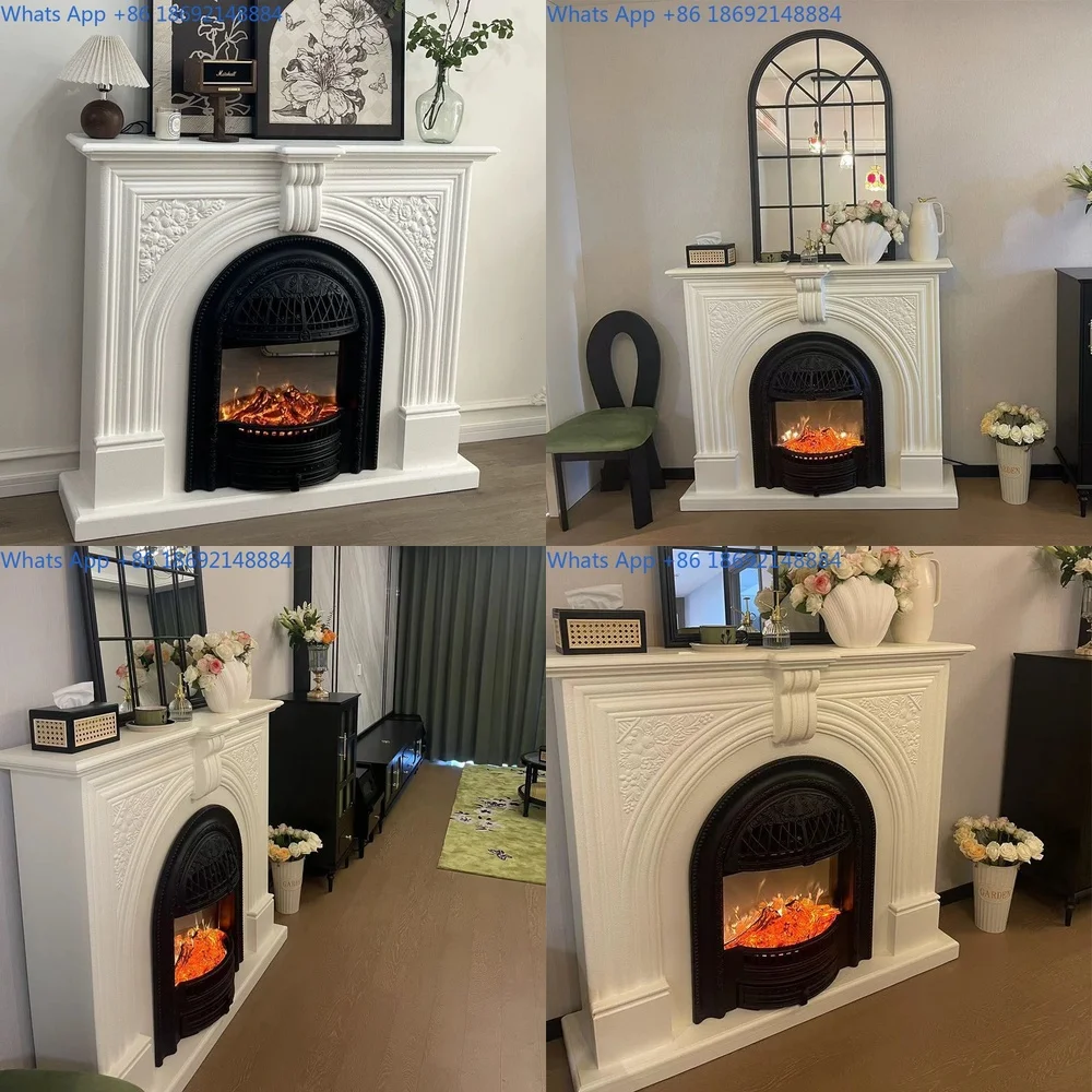 

French Vintage Solid Wood Faux Fireplace Decor Cabinet for Living Room Wall Mount Home Decoration Art Display Case