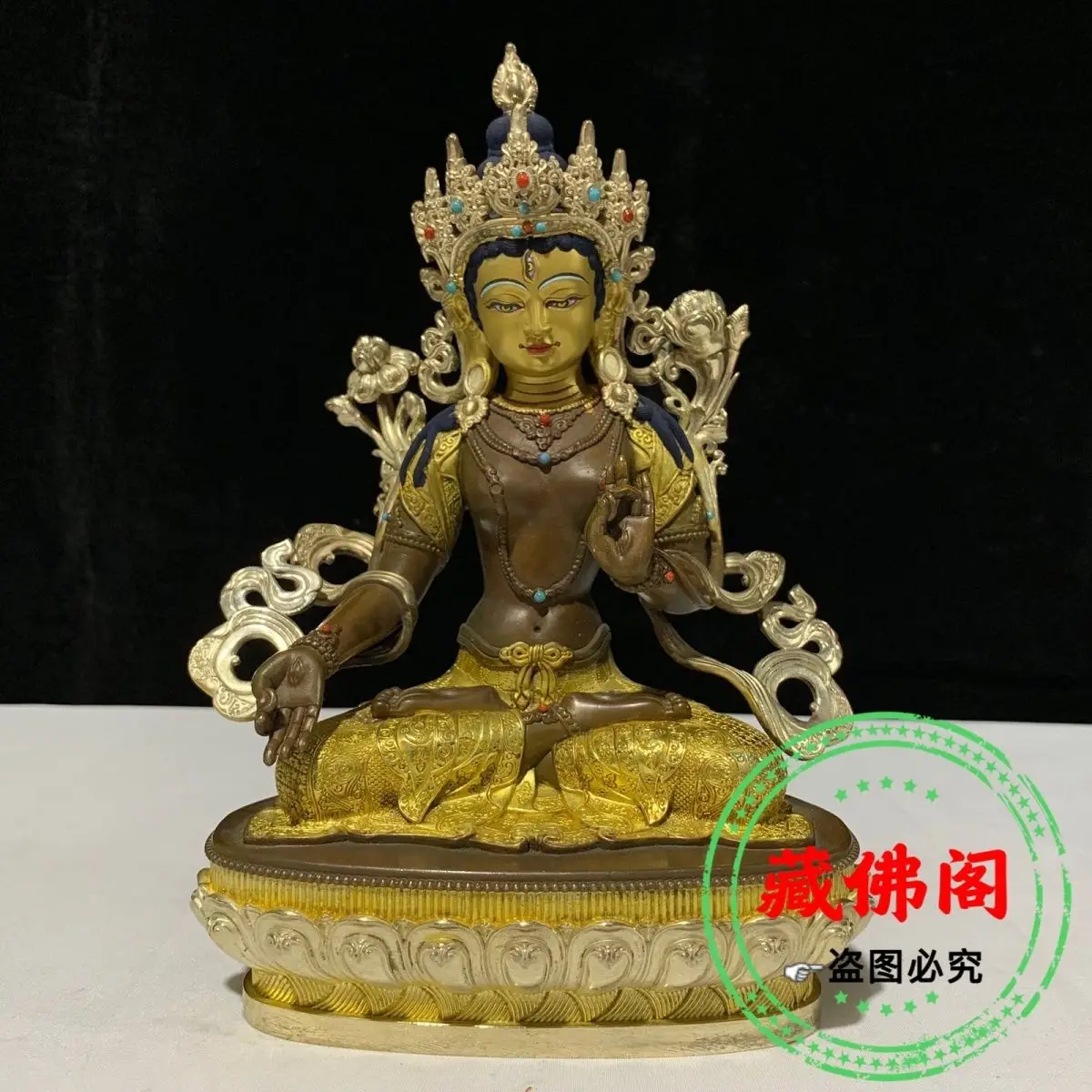 Seven-inch White Tara pure copper Guanyin precision work Tibetan gold-plated silver Buddha statue green mother statue real ornam