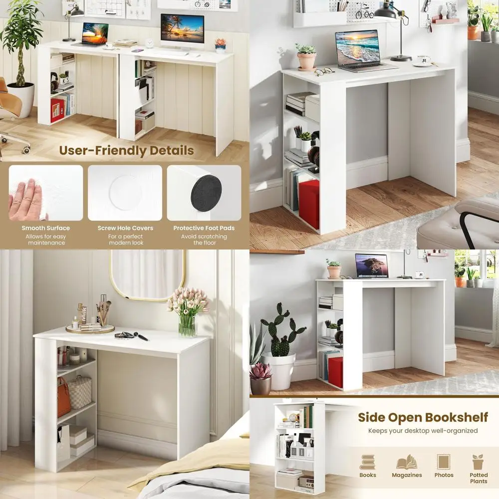 

Compact White Wooden Desk with 3-Tier Shelf, Modern Minimalist Home Office Furniture for Small Spaces, Ideal for Study, Living R