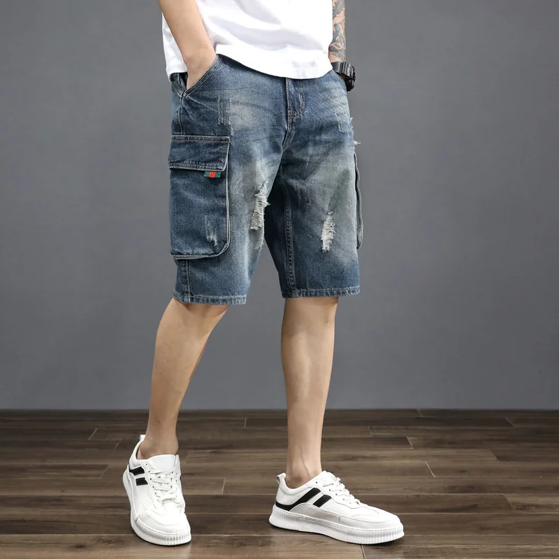 Summer Men Cropped Denim Short Pants Loose Korean Fashion Hole Jeans Shorts