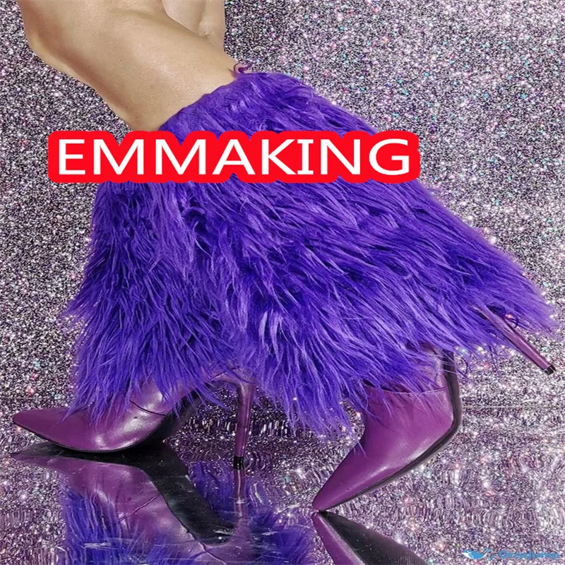 الأرجواني طويل ريشة أشار تو حذاء من الجلد 2024 موضة مثير المدرج رقيقة كعب الشتاء أحذية النساء أحذية الشتاء الجديدة حجم 44