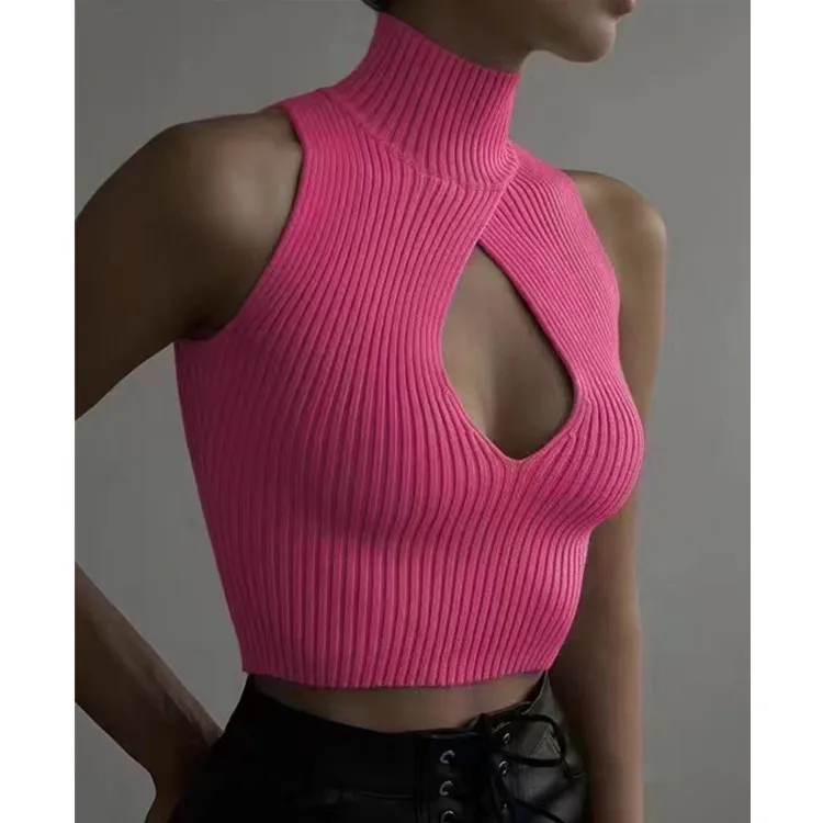Y2K Cut Out Crop Vest Mock Neck Rib Knit Sleeveless High-Neck Ribbed Tops Tanks and Camis for Women Teengirl Summer Outfit