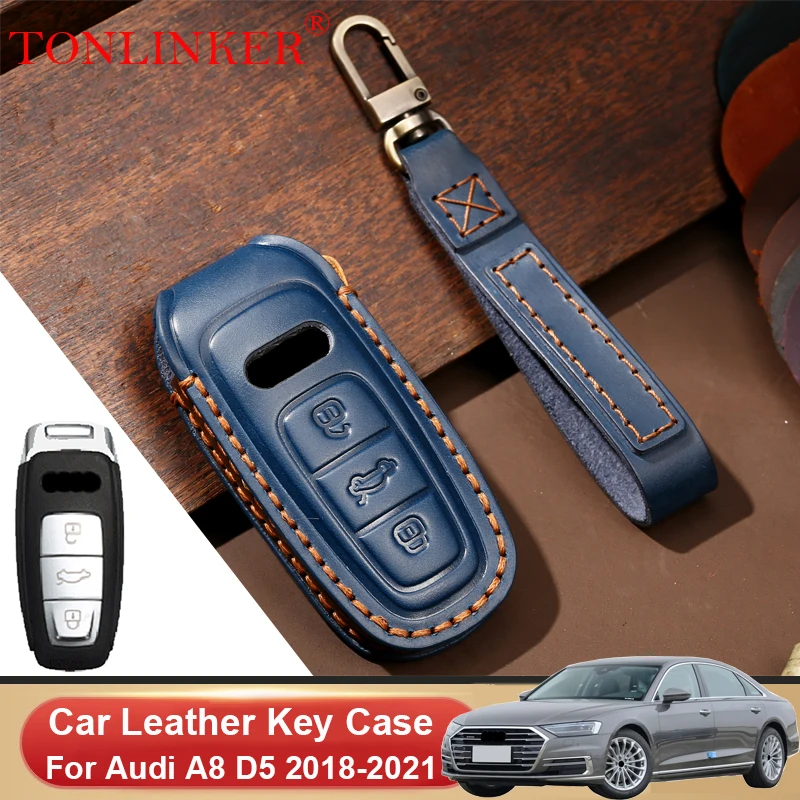 

TONLINKER Car Dedicated Leather Key Case For Audi A8 D5 2018 2019 2020 2021 Holder Shell Remote Cover Keychain Accessories