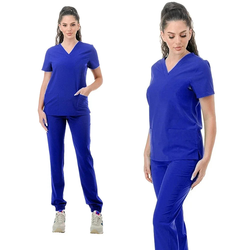 Women Scrub Set Two-Piece V-Neck Short Sleeve Top Elastic Pants Durable Easy-Care Medical Uniforms for Healthcare Professionals